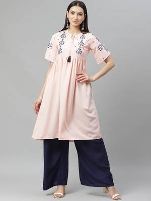 Myshka Women's PINK Ravera Crepe 100% Polyester Printed  Half Sleeve Round Neck Casual Kurta 1