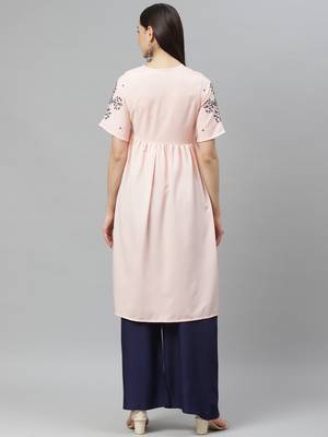 Myshka Women's PINK Ravera Crepe 100% Polyester Printed  Half Sleeve Round Neck Casual Kurta 2