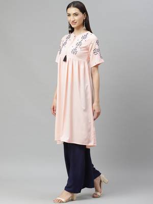 Myshka Women's PINK Ravera Crepe 100% Polyester Printed  Half Sleeve Round Neck Casual Kurta 3