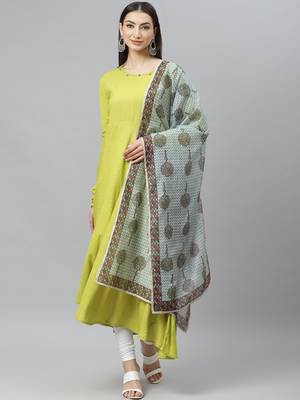 Myshka Women's Green Cotton Solid  Full Sleeve Round Neck Casual Anarkali Kurta With Dupatta 1