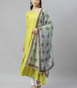 Myshka Women's Green Cotton Solid  Full Sleeve Round Neck Casual Anarkali Kurta With Dupatta