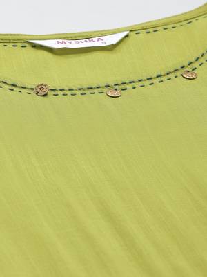 Myshka Women's Green Cotton Solid  Full Sleeve Round Neck Casual Anarkali Kurta With Dupatta 4