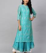 Myshka Women's Green Chanderi Printed  3/4 SLEEVE COLLAR Casual Kurta cami