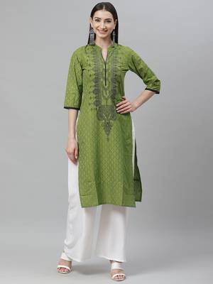 Myshka Women's Green cotton Printed  3/4 Sleeve Mandrin Neck Casual kurta 1