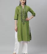Myshka Women's Green cotton Printed  3/4 Sleeve Mandrin Neck Casual kurta