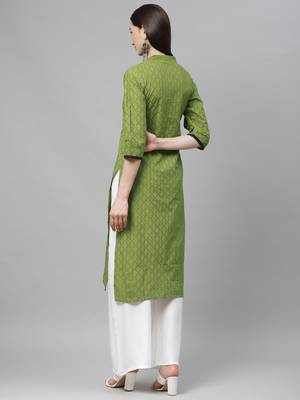 Myshka Women's Green cotton Printed  3/4 Sleeve Mandrin Neck Casual kurta 2