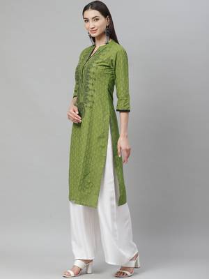 Myshka Women's Green cotton Printed  3/4 Sleeve Mandrin Neck Casual kurta 3