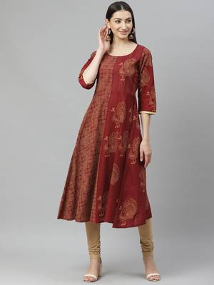 Myshka Women's Maroon cotton Printed  3/4 Sleeve Round Neck Casual Anarkali Kurta 1