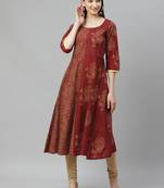 Myshka Women's Maroon cotton Printed  3/4 Sleeve Round Neck Casual Anarkali Kurta