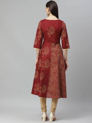 Myshka Women's Maroon cotton Printed  3/4 Sleeve Round Neck Casual Anarkali Kurta 2