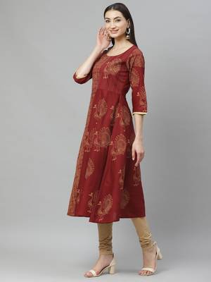 Myshka Women's Maroon cotton Printed  3/4 Sleeve Round Neck Casual Anarkali Kurta 3
