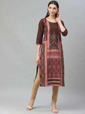 Myshka Women's Maroon cotton Printed 3/4 Sleeve Round Neck Casual kurta 1