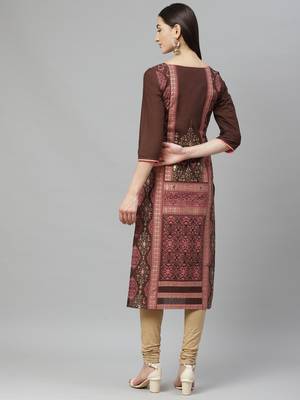 Myshka Women's Maroon cotton Printed 3/4 Sleeve Round Neck Casual kurta 2