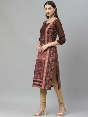 Myshka Women's Maroon cotton Printed 3/4 Sleeve Round Neck Casual kurta 3