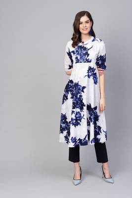 Myshka Women's White Polyester Half Sleeve Round Neck Printed Kurti 1