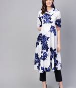 Myshka Women's White Polyester Half Sleeve Round Neck Printed Kurti