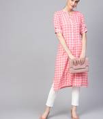 Myshka Women's Pink  Printed Rayon Half Sleeve Round Neck Kurti