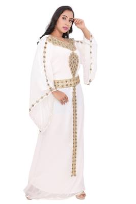 Moroccan Dubai Kaftan Evening Royal Gown White Georgette Zari Glass Stone Work  1