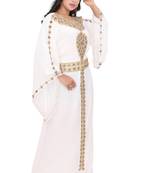 Moroccan Dubai Kaftan Evening Royal Gown White Georgette Zari Glass Stone Work 