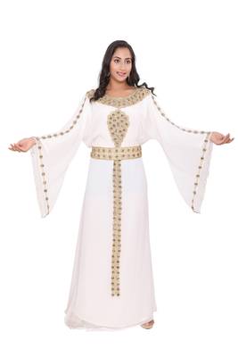 Moroccan Dubai Kaftan Evening Royal Gown White Georgette Zari Glass Stone Work  2