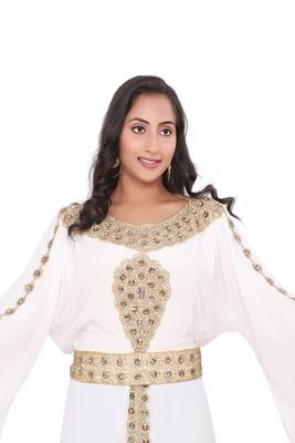 Moroccan Dubai Kaftan Evening Royal Gown White Georgette Zari Glass Stone Work  3