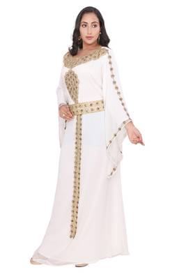 Moroccan Dubai Kaftan Evening Royal Gown White Georgette Zari Glass Stone Work  4