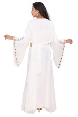 Moroccan Dubai Kaftan Evening Royal Gown White Georgette Zari Glass Stone Work  5