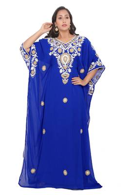 Moroccan Dubai Kaftan Evening Royal Blue Georgette Aari Stone Work  3