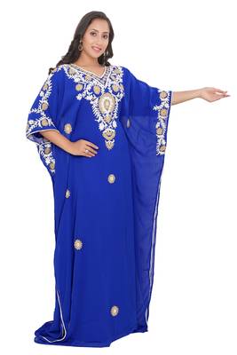 Moroccan Dubai Kaftan Evening Royal Blue Georgette Aari Stone Work  4
