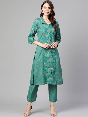 Myshka Women's Green Cotton Printed Half Sleeve Casual Kurta Palazzo 1