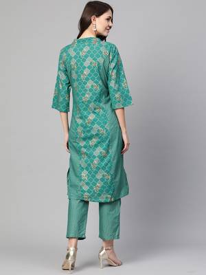 Myshka Women's Green Cotton Printed Half Sleeve Casual Kurta Palazzo 2