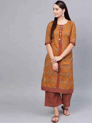 Myshka Women's Brown Cotton Printed Half Sleeve Round Neck Casual Kurta Palazzo Set 1