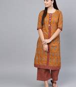 Myshka Women's Brown Cotton Printed Half Sleeve Round Neck Casual Kurta Palazzo Set