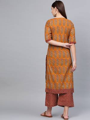 Myshka Women's Brown Cotton Printed Half Sleeve Round Neck Casual Kurta Palazzo Set 2