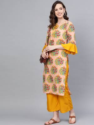 Myshka Women's Multi Cotton Printed Half Sleeve Round Neck Casual Kurta Palazzo Set 1