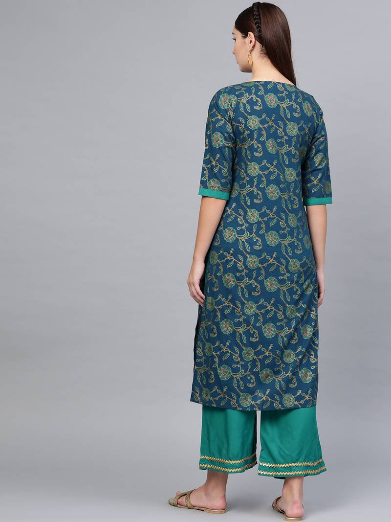 Myshka Women's Green Cotton Printed Half Sleeve Round Neck Casual Kurta