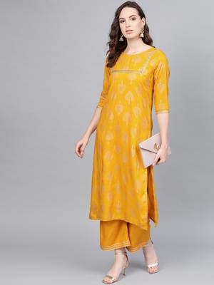 Myshka Women's Yellow Cotton Printed Half Sleeve Round Neck Casual Kurta Palazzo Set 1