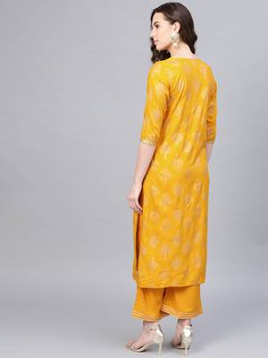 Myshka Women's Yellow Cotton Printed Half Sleeve Round Neck Casual Kurta Palazzo Set 2