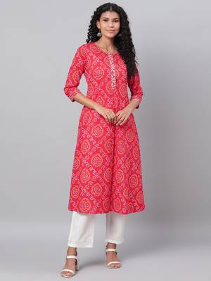 Myshka Women's Red Printed 3/4 Sleeve Cotton Round Neck Casual Kurta & Pant Set 1