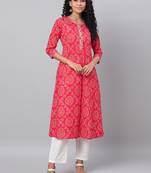 Myshka Women's Red Printed 3/4 Sleeve Cotton Round Neck Casual Kurta & Pant Set