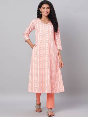 Myshka Women's Peach Printed 3/4 Sleeve Cotton V Neck Casual Kurta & Pant Set 1
