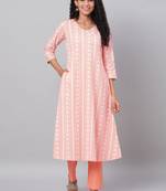 Myshka Women's Peach Printed 3/4 Sleeve Cotton V Neck Casual Kurta & Pant Set