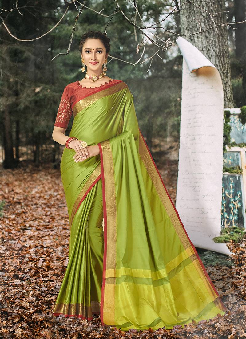 FaceDeal Designer Light Green Color Art Silk Saree With Embroidered Blouse Piece