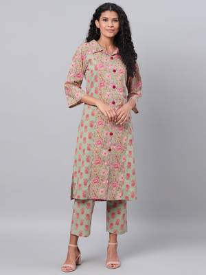 Myshka Women's Multi Printed Full Sleeve Cotton Shirt Coller Casual Kurta &  Palazzo Set 1
