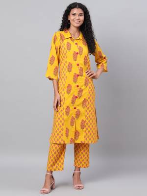 Myshka Women's Multi Printed Full Sleeve Cotton Shirt Coller Casual Kurta &  Palazzo Set 1