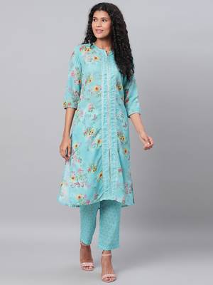 Myshka Women's Green Printed 3/4 Sleeve Poly Cotton Maidran Coller  Kurta &  Palazzo Set 1