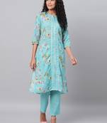 Myshka Women's Green Printed 3/4 Sleeve Poly Cotton Maidran Coller  Kurta &  Palazzo Set