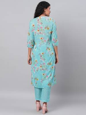 Myshka Women's Green Printed 3/4 Sleeve Poly Cotton Maidran Coller  Kurta &  Palazzo Set 2