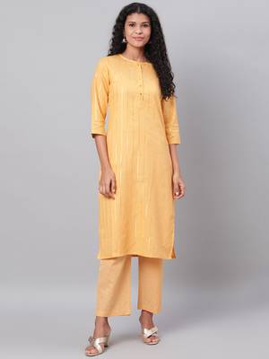 Myshka Women's Yellow Printed 3/4 Sleeve Polyester Round Neck  Kurta & Pant Set 1