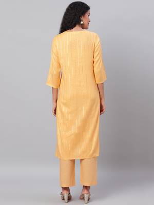 Myshka Women's Yellow Printed 3/4 Sleeve Polyester Round Neck  Kurta & Pant Set 2
